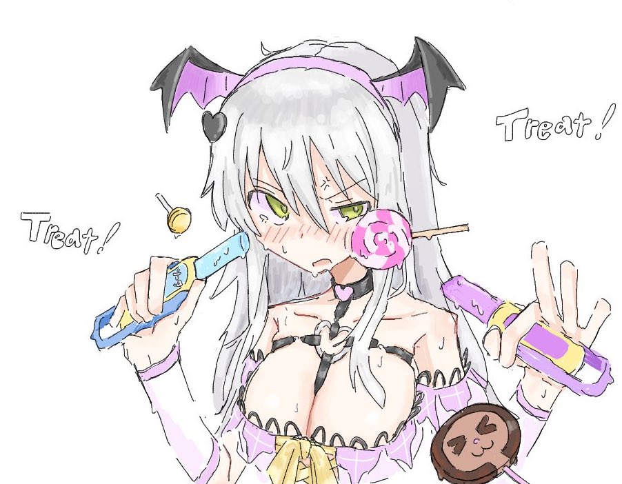 1girl, anger_vein, angry, assault_lily, bare_shoulders, bat_wings, black_collar, blush