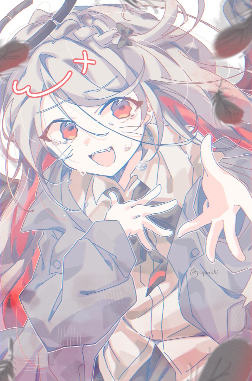 1girl, absurdres, black_bow, black_feathers, black_halo, black_skirt, bow, bowtie