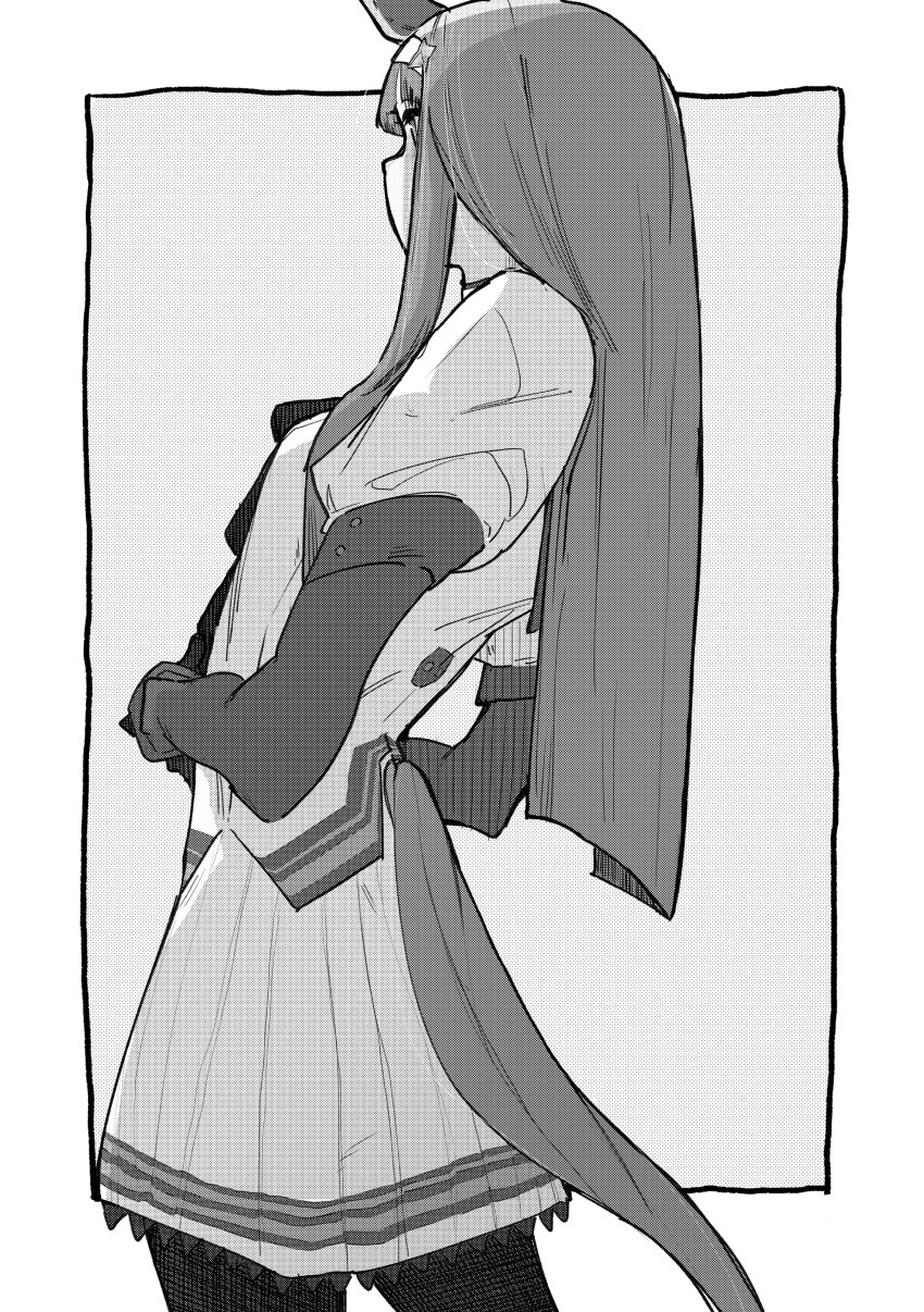 1girl, absurdres, animal_ears, clothing_cutout, commentary, dice0043, ear_covers, from_side, greyscale, hair_ornament, hairband, hairclip, highres, horse_ears, horse_girl, horse_tail, jacket, long_hair, looking_to_the_side, monochrome, pantyhose, pleated_skirt, silence_suzuka_(innocent_silence)_(umamusume), silence_suzuka_(umamusume), skirt, solo, tail, tail_through_clothes, umamusume, white_jacket