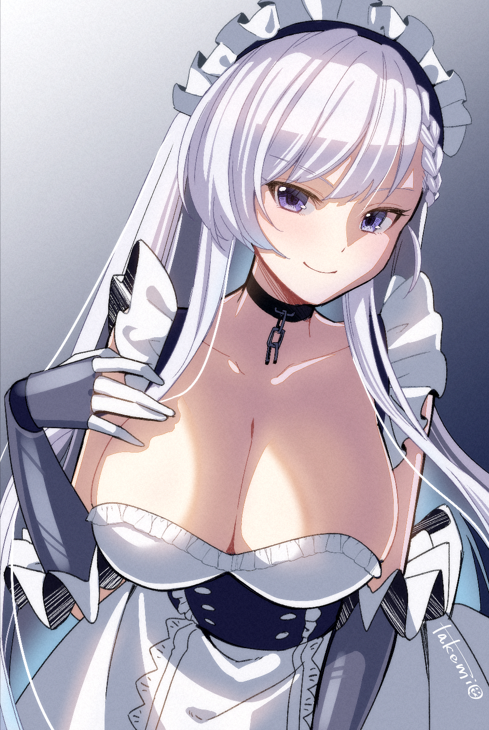 1girl, artist_name, azur_lane, belfast_(azur_lane), black_choker, braid, breasts, chain