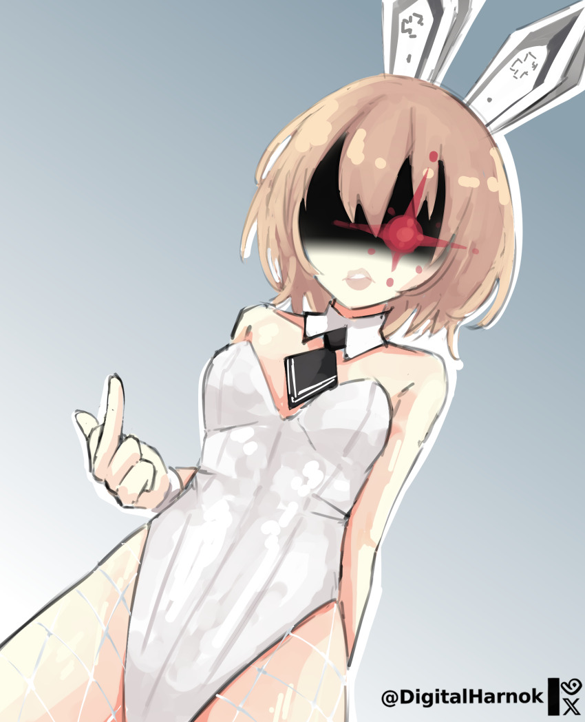 angry, animal_ear_headwear, animal_ears, bare_shoulders, black_necktie, blanc_(neptunia), blanc_(nikke), blanc_(nikke)_(cosplay), commentary, cosplay, detached_collar, digitalharnok, english_commentary, fake_animal_ears, fishnet_pantyhose, fishnets, furious, goddess_of_victory:_nikke, gradient_background, grey_background, highleg, highleg_leotard, highres, leotard, light_brown_hair, looking_at_viewer, middle_finger, name_connection, necktie, neptune_(series), pantyhose, playboy_bunny, rabbit_girl, strapless, strapless_leotard, twitter_logo, twitter_username, vgen_logo, white_leotard, wrist_cuffs