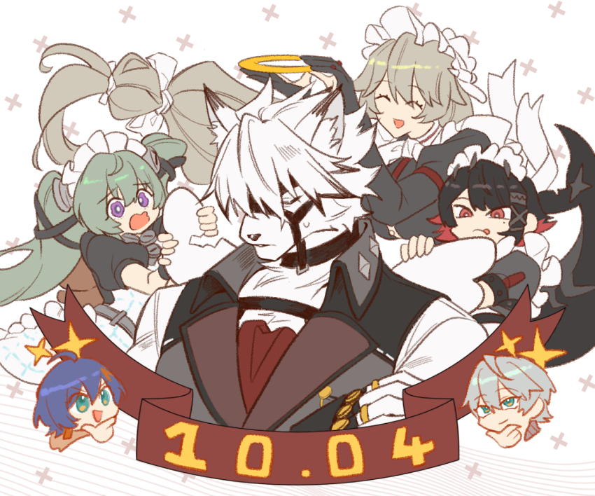 2boys, 4girls, alexandrina_sebastiane, belle_(zenless_zone_zero), blue_hair, butler, closed_eyes, corin_wickes