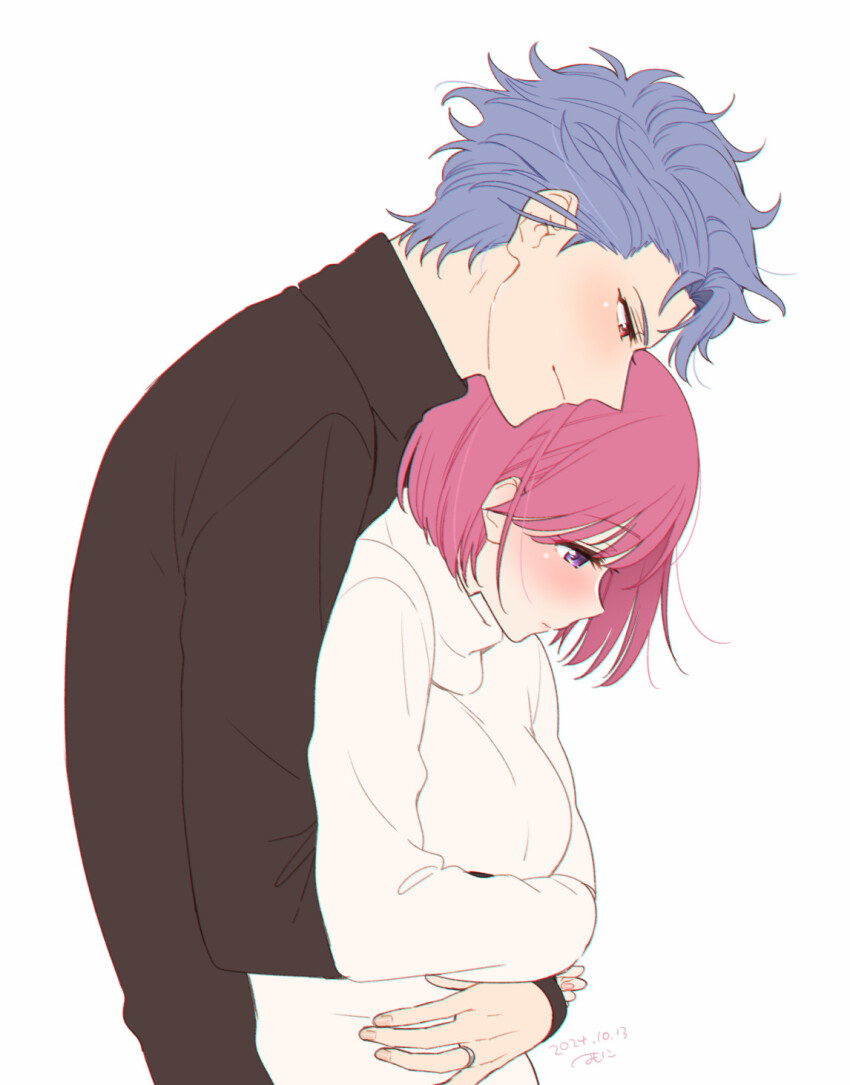 1boy, 1girl, arms_around_another's_waist, artist_name, black_sweater, bob_cut, breasts, couple