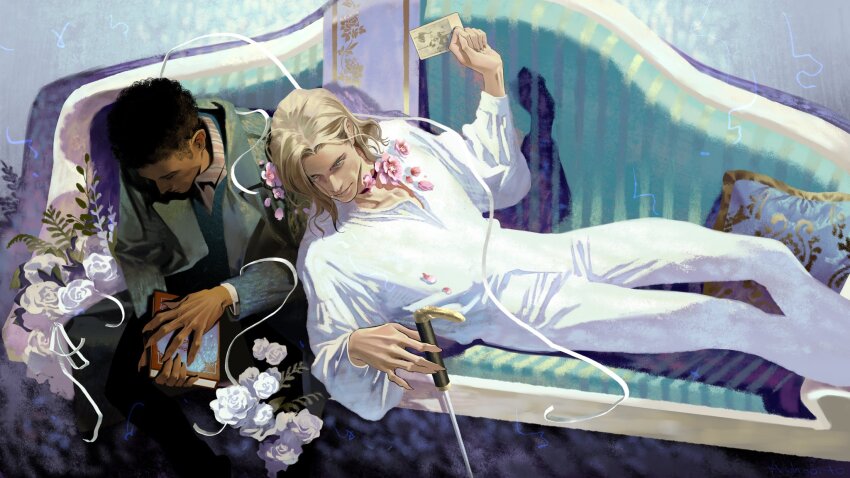 2boys, achooho, black_hair, blonde_hair, book, cane, dark-skinned_male, dark_skin, feet_out_of_frame, flower, highres, holding, holding_book, holding_cane, interview_with_the_vampire, jacket, lestat_de_lioncourt_(interview_with_the_vampire), louis_de_pointe_du_lac, male_focus, medium_hair, multiple_boys, pants, parted_bangs, pink_flower, reclining, rose, shirt, short_hair, suit_jacket, sweater, turtleneck, turtleneck_sweater, white_flower, white_pants, white_rose, white_shirt, yaoi