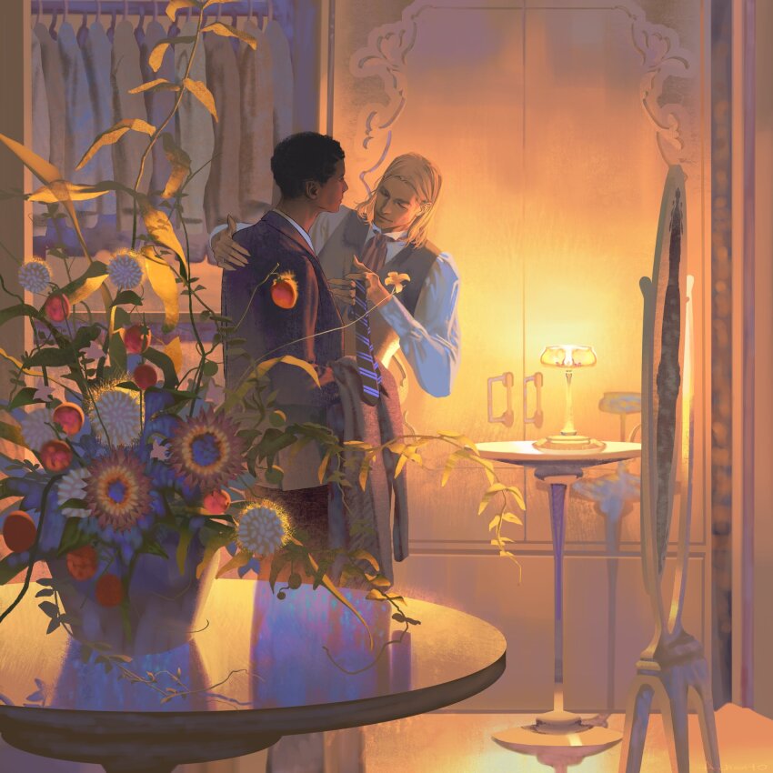 2boys, achooho, arm_around_shoulder, ascot, black_hair, blonde_hair, closet, collar