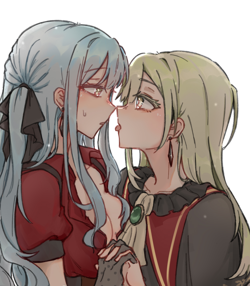 2girls, ascot, bang_dream!, bang_dream!_it's_mygo!!!!!, black_capelet, black_gloves, black_ribbon, blue_hair, border, breasts, brooch, capelet, chinese_commentary, cleavage, collared_shirt, commentary_request, earrings, eye_contact, gloves, green_ascot, green_hair, hair_ribbon, hansuku, holding_hands, interlocked_fingers, jewelry, long_hair, looking_at_another, medium_breasts, mortis_(bang_dream!), mortis_(costume)_(bang_dream!), multiple_girls, open_clothes, open_shirt, parted_lips, red_shirt, ribbon, shirt, short_sleeves, simple_background, sweatdrop, togawa_sakiko, tongue, tongue_out, two_side_up, upper_body, wakaba_mutsumi, white_background, yellow_eyes, yuri