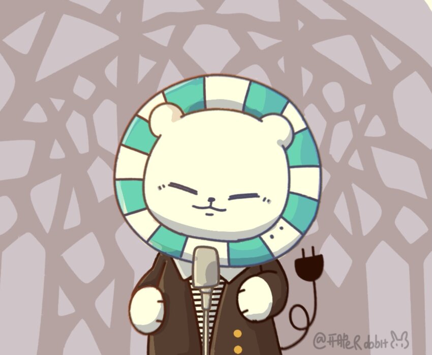 artist_name, black_shirt, closed_eyes, derakkuma, electric_plug, highres, kaicuirabbit, maimai_(game), microphone, never_gonna_give_you_up, no_humans, rick_astley, shirt, solo, standing, twitter_username, upper_body