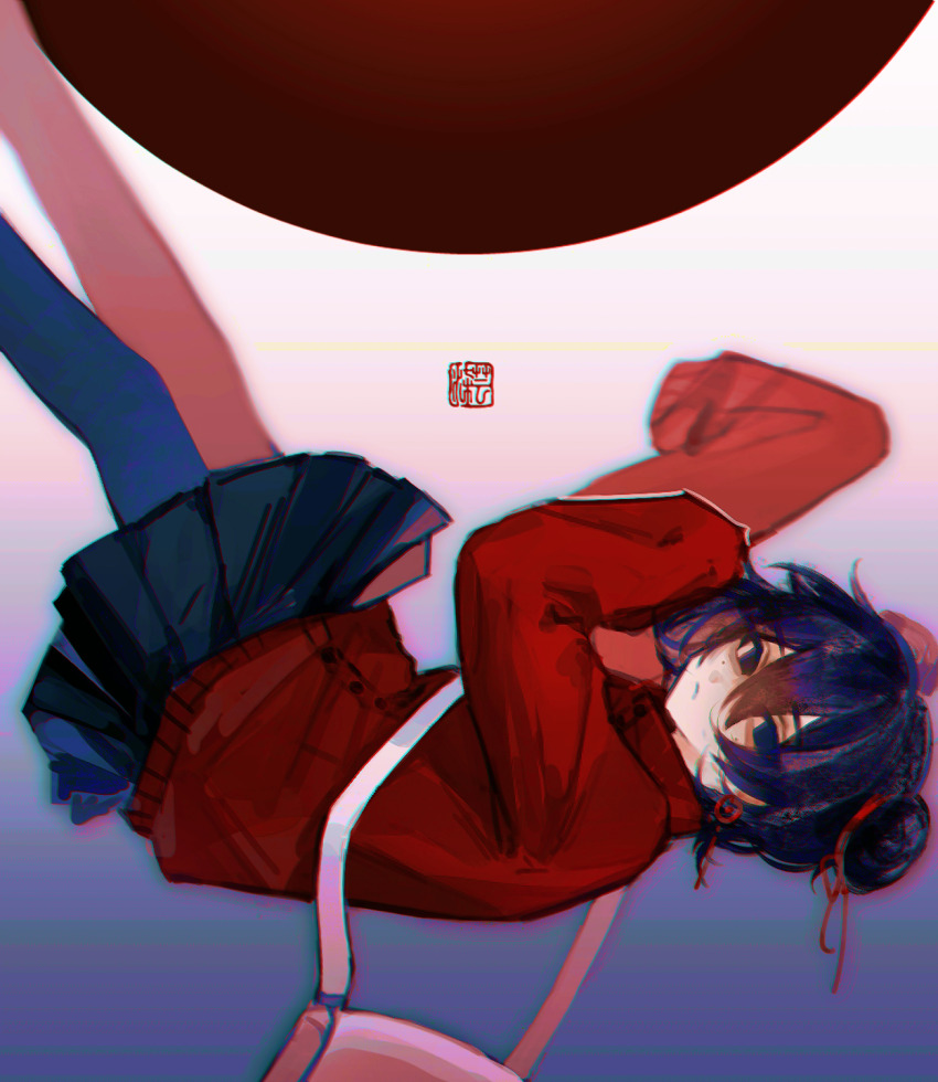 1girl, bag, black_eyes, black_hair, black_pantyhose, black_skirt, chinese_commentary, closed_mouth