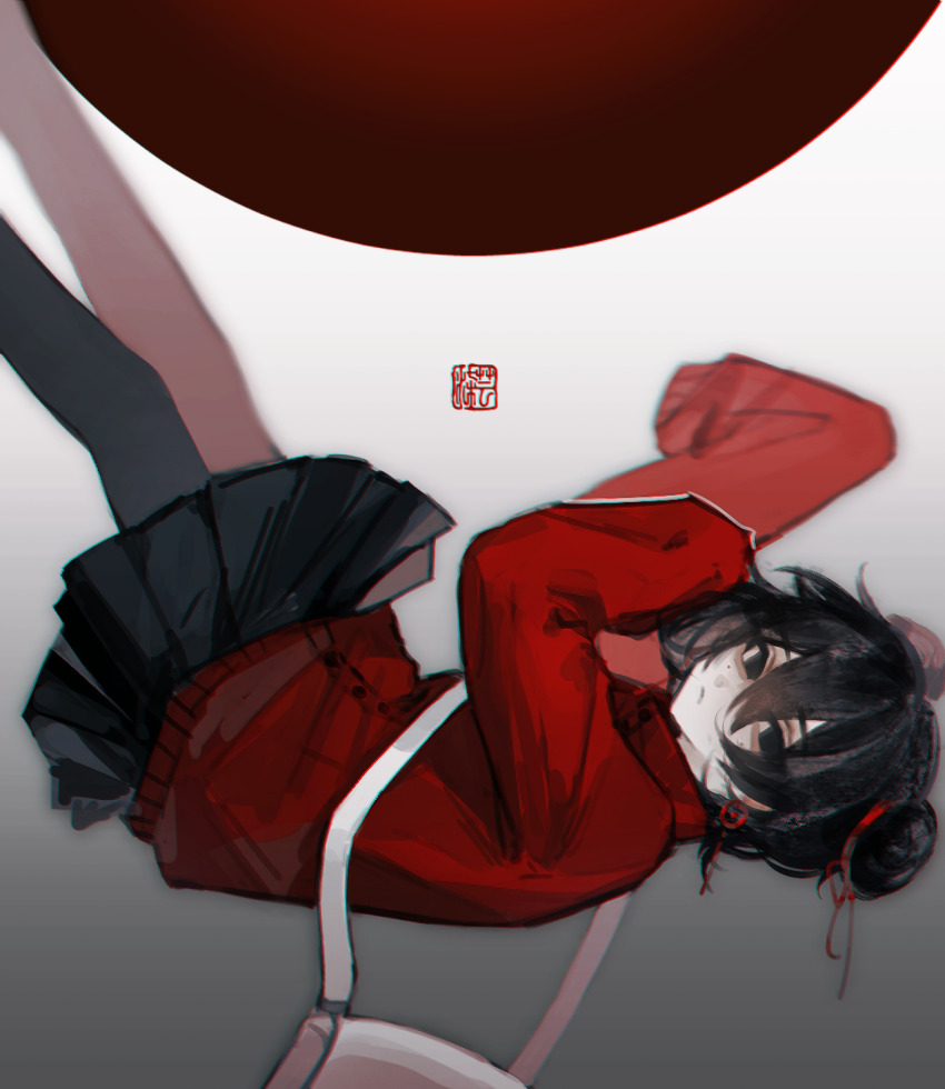 1girl, bag, black_eyes, black_hair, black_pantyhose, black_skirt, chinese_commentary, closed_mouth