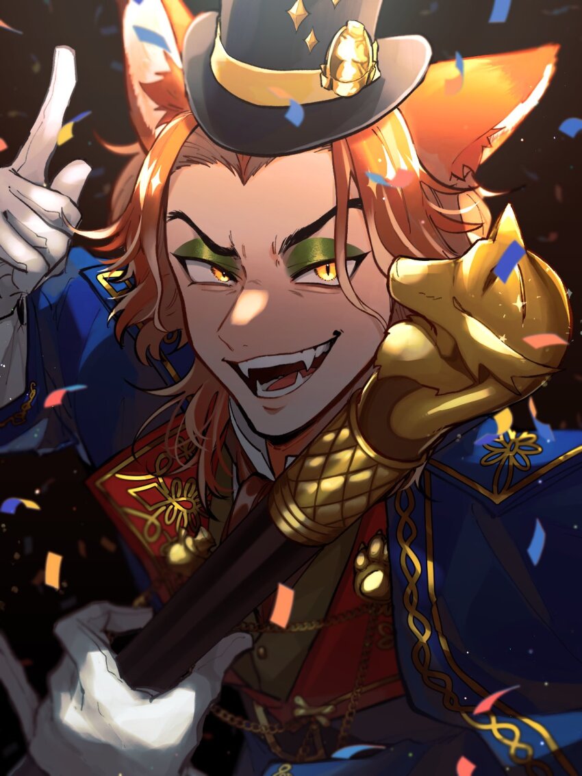 1boy, animal_ears, blue_cape, cape, commentary, confetti, curtained_hair, eyeshadow, fangs, fellow_honest, fox_boy, fox_ears, gloves, green_eyeshadow, hat, highres, holding, holding_staff, lapel_pin, long_sleeves, looking_at_viewer, makeup, male_focus, medium_hair, momomochiwarabi, open_mouth, orange_eyes, orange_hair, pointing, pointing_up, simple_background, slit_pupils, smile, smug, staff, top_hat, twisted_wonderland, white_gloves