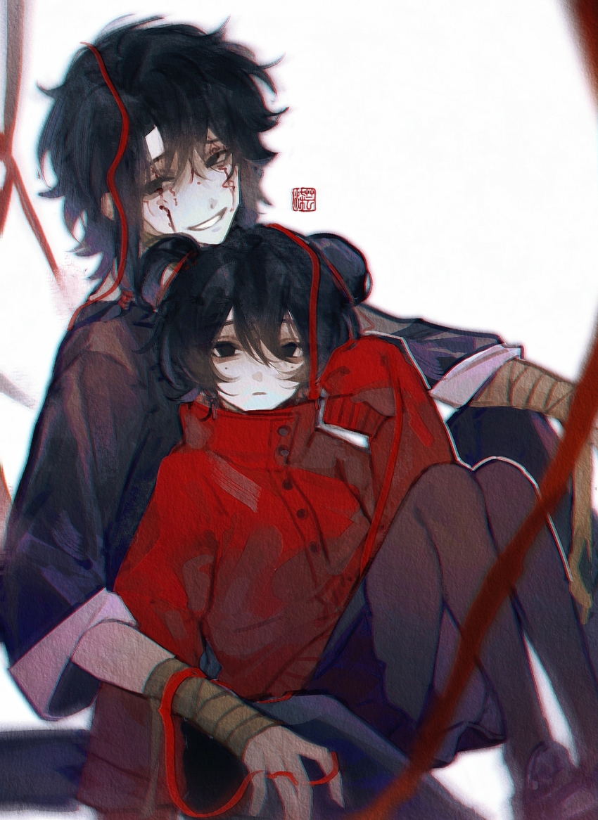 1boy, 1girl, bandaged_wrist, bandages, black_eyes, black_hair, black_jacket, black_pants