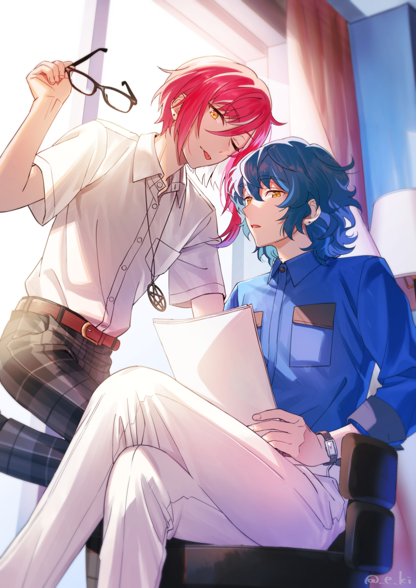 2boys, ;p, against_window, aoba_tsumugi, asymmetrical_sidelocks, belt, bishounen, black_pants, blue_hair, blue_shirt, breast_pocket, brown_belt, closed_mouth, collared_shirt, crossed_legs, curtains, dark_blue_hair, day, dress_shirt, e_ki, earrings, ensemble_stars!, hair_between_eyes, hand_up, highres, holding, holding_paper, holding_removed_eyewear, indoors, jewelry, knee_up, lampshade, looking_at_viewer, male_focus, medium_hair, multicolored_hair, multiple_boys, necklace, no_jacket, one_eye_closed, open_collar, pants, paper, parted_lips, pendant, pentagram_necklace, pentagram_pendant, plaid_clothes, plaid_pants, pocket, red_hair, sakasaki_natsume, school_uniform, shirt, shirt_tucked_in, short_hair_with_long_locks, short_sleeves, sidelocks, sleeves_past_wrists, sleeves_rolled_up, streaked_hair, stud_earrings, sunlight, tongue, tongue_out, twitter_username, unworn_eyewear, watch, wavy_hair, white_hair, white_pants, white_shirt, wristwatch, yumenosaki_school_uniform