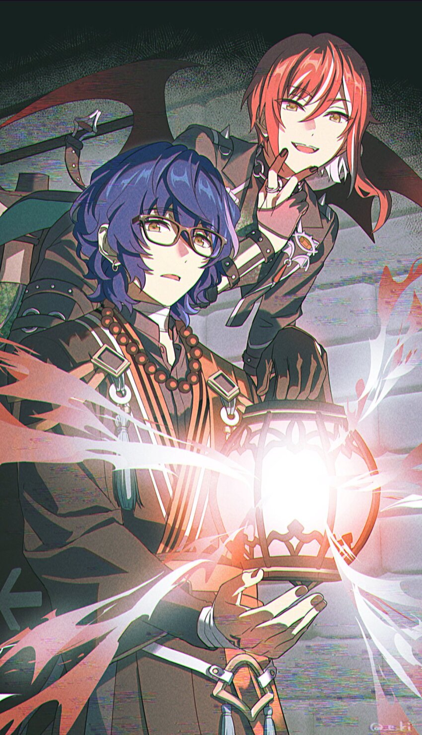 2boys, aoba_tsumugi, bandaged_neck, bandages, bead_necklace, beads, belt, bishounen