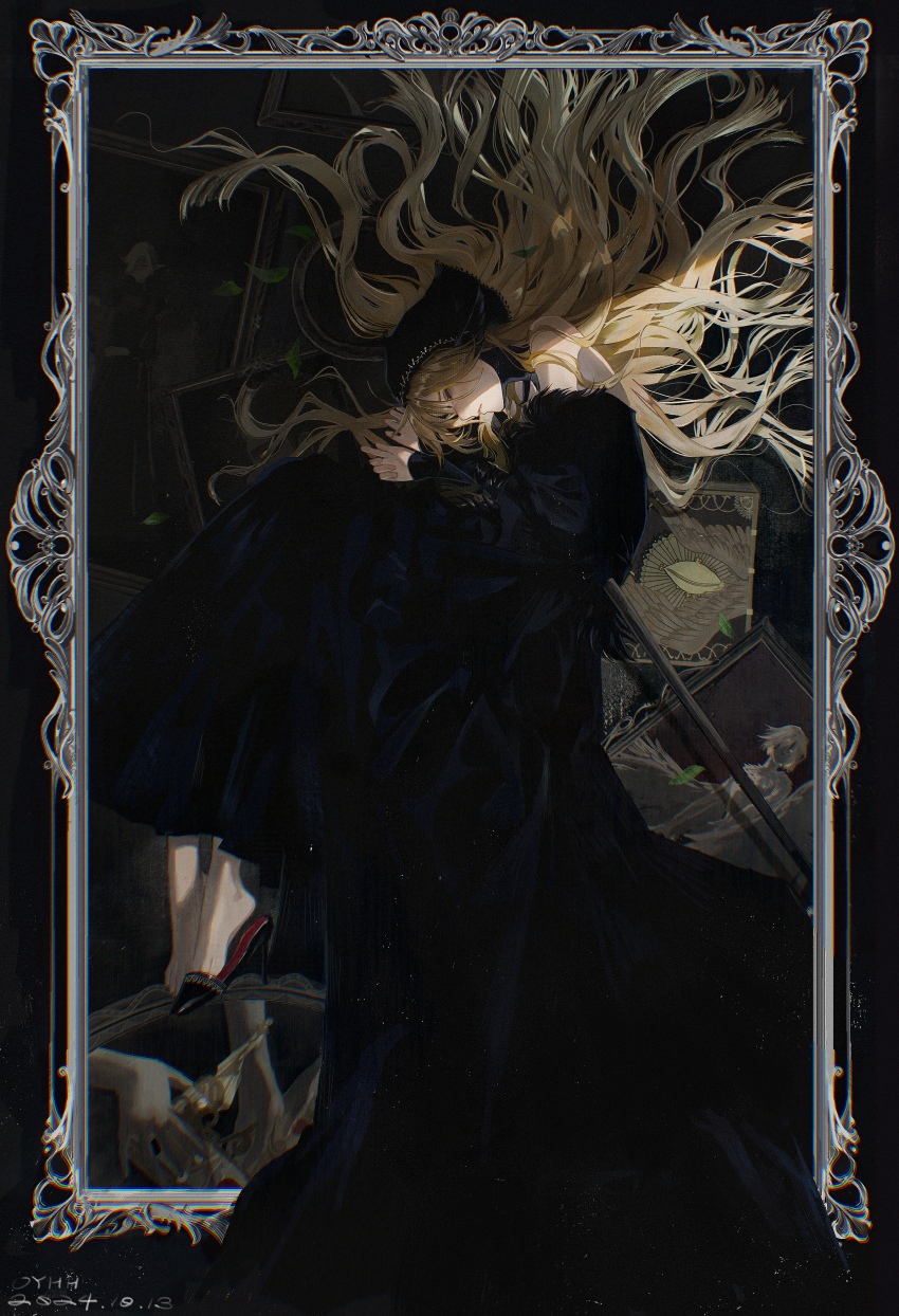 1girl, absurdres, ambrosia_(dungeon_meshi), black_hood, blonde_hair, book, border, closed_eyes, closed_mouth, commentary, commentary_request, crown, detached_hood, dress, dungeon_meshi, ear_covers, elf, english_commentary, falin_touden, falin_touden_(chimera), fetal_position, floating_hair, from_side, full_body, fur-trimmed_dress, fur_dress, fur_trim, high_heels, highres, lace-trimmed_headwear, lace-trimmed_hood, lace_trim, long_hair, long_sleeves, marcille_donato, marcille_donato_(lord), mixed-language_commentary, ornate_border, ouyang_hu_hu, picture_frame, pointy_ears, profile, solo, staff, stiletto_heels, wimple