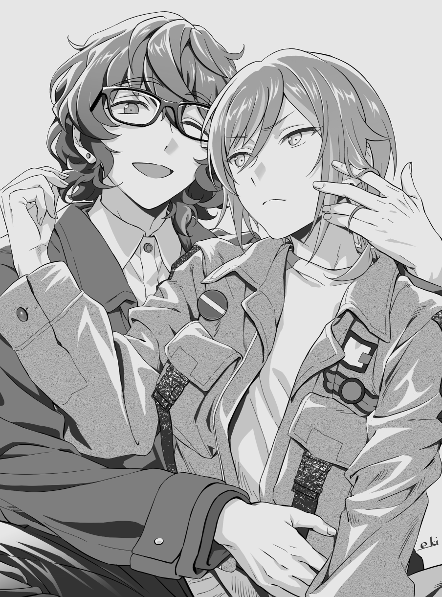 2boys, ;d, aoba_tsumugi, arm_around_another's_back, bishounen, breast_pocket, closed_mouth, collared_shirt