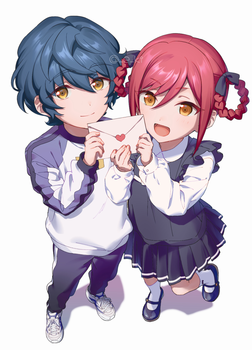 2boys, aged_down, aoba_tsumugi, black_bow, black_footwear, black_pants, black_shirt, black_skirt, blue_hair, bow, braid, braided_hair_rings, child, closed_mouth, crossdressing, crossdressing_(mtf), dark_blue_hair, e_ki, ensemble_stars!, foreshortening, frilled_straps, from_above, full_body, hair_between_eyes, hair_bow, hair_rings, hand_up, hands_up, highres, holding, holding_letter, knee_up, letter, long_sleeves, looking_ahead, looking_at_viewer, male_focus, mary_janes, multiple_boys, open_mouth, pants, peter_pan_collar, pleated_skirt, raglan_sleeves, red_hair, sakasaki_natsume, shadow, shirt, shoes, shoulder-to-shoulder, side-by-side, sidelocks, simple_background, skirt, smile, sneakers, socks, standing, standing_on_one_leg, swept_bangs, track_pants, trap, twitter_username, white_background, white_footwear, white_shirt, white_socks, yellow_eyes
