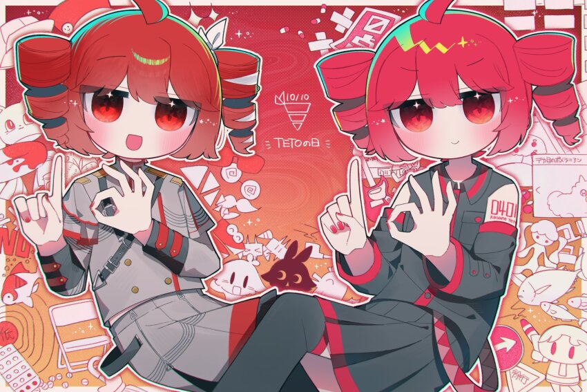 1girl, ahoge, arm_tattoo, ataman_ita_(synthesizer_v), belt, black_belt, black_skirt, black_socks, blush, bow, breast_pocket, buttons, character_name, chiccha_na_watashi_(synthesizer_v), closed_mouth, collared_shirt, copyright_request, da!da!da!_i!_(synthesizer_v), dame_ningen_da_(utau), detached_sleeves, double-breasted, double-parted_bangs, drill_hair, fingernails, flat_chest, grey_jacket, grey_skirt, hair_between_eyes, hair_bow, hair_ribbon, hakase_(synthesizer_v), highres, hito_mania_(utau), igaku_(utau), index_finger_raised, jacket, kairi_suru_genzai_(utau), karimei_(karimei_0415), kasane_teto, kasane_teto_(sv), kasane_teto_(utau), kasane_teto_no_ferutago~n_(synthesizer_v), kneehighs, long_sleeves, medium_skirt, mesmerizer_(vocaloid), midriff_peek, migi_ni_ma_gaaru_(utau), mimi_no_aru_robot_no_uta_(utau), musekinin_shuugoutai_(synthesizer_v), nail_polish, number_tattoo, obeka_(vocaloid), ok_sign, open_mouth, pleated_skirt, pocket, red_background, red_belt, red_eyes, red_hair, red_nails, red_tattoo, red_trim, ribbon, shirt, shoulder_belt, shoulder_boards, sitting, skirt, skirt_set, sleeve_cuffs, sleeveless, sleeveless_shirt, smile, socks, solo, striped_clothes, striped_jacket, striped_skirt, suki_na_souzai_happyou_dragon_(utau), tattoo, tetrodotoxin_(utau), three-quarter_sleeves, twin_drills, upper_body, watashi_no_nigate_na_kasa_no_mochikata_(synthesizer_v), white_bow, white_ribbon, wing_collar