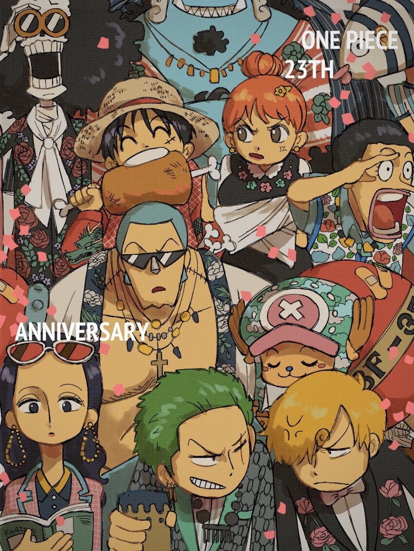 2girls, 6+boys, ^_^, afro, antlers, ascot, black_hair, blonde_hair, blue_hair, blue_skin, blush_stickers, book, brook_(one_piece), brown_eyes, buzz_cut, closed_eyes, colored_skin, commentary_request, cross, curly_eyebrows, earrings, facial_hair, floral_print, food, franky_(one_piece), goatee, green_hair, hair_bun, hair_over_one_eye, hat, highres, holding, holding_book, holding_food, hood, horns, jewelry, jinbe_(one_piece), long_nose, maro_(aihan6133), meat, monkey_d._luffy, multiple_boys, multiple_girls, nami_(one_piece), necklace, nico_robin, oda_eiichirou_(character), one_piece, orange_hair, pink_hat, reindeer_antlers, roronoa_zoro, sanji_(one_piece), scar, scar_across_eye, scar_on_face, short_hair, sideburns, skeleton, straw_hat, straw_hat_pirates, sunglasses, tony_tony_chopper, tusks, usopp, very_short_hair, white_ascot