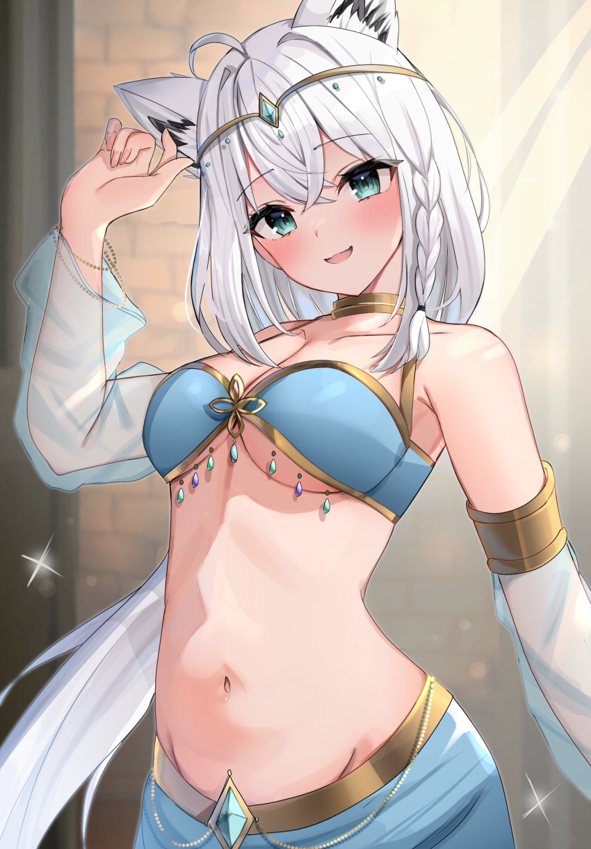 1girl, absurdres, ahoge, animal_ear_fluff, animal_ears, arabian_clothes, blurry, blurry_background, blush, braid, commentary_request, fox_ears, fox_girl, green_eyes, hair_between_eyes, harem_outfit, highres, hololive, long_hair, looking_at_viewer, nanase_nayumu, navel, open_mouth, shirakami_fubuki, sidelocks, single_braid, solo, virtual_youtuber, white_hair