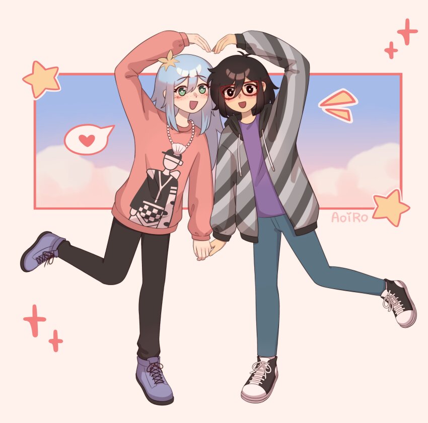 2girls, absurdres, aoiro_arts, arm_up, black_eyes, black_footwear, black_hair, black_pants