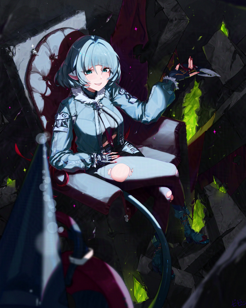 1girl, absurdres, animal_ears, black_gloves, blunt_bangs, fingerless_gloves, full_body, fur-trimmed_jacket