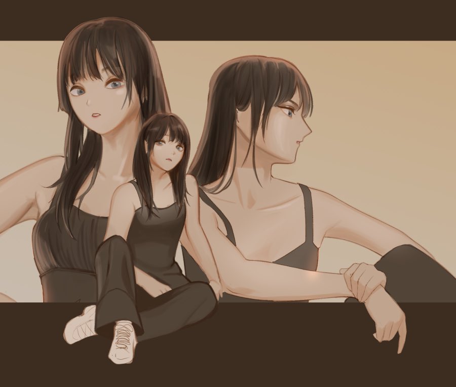 1girl, adirosa, black_dress, blunt_bangs, brown_background, brown_hair, dress, gfriend