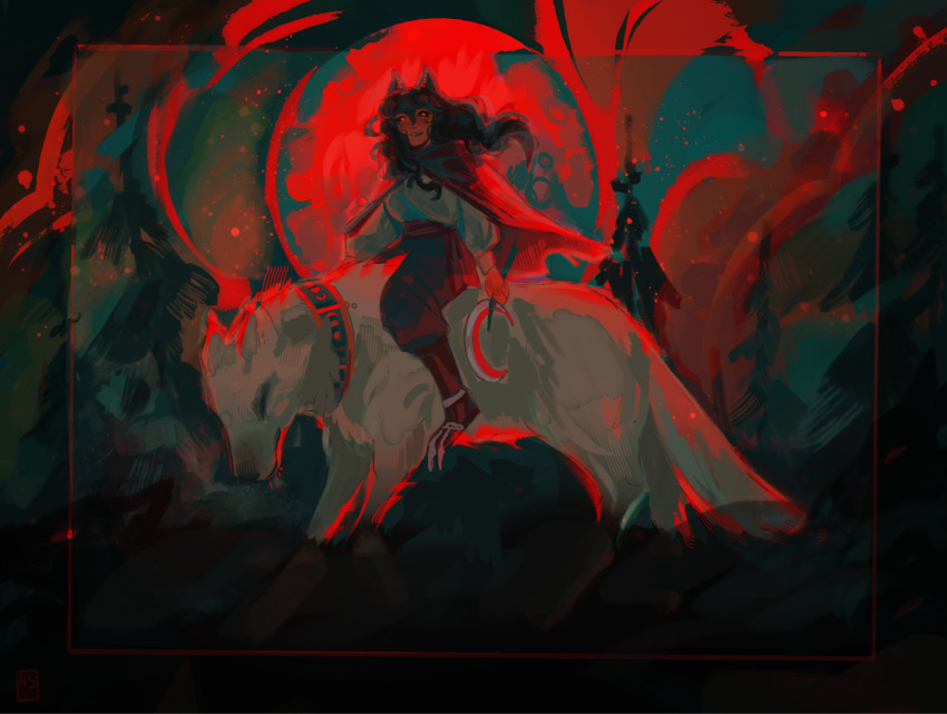 1girl, abstract_background, animal_ears, applestruda, black_sclera, border, brown_hair, brown_pants