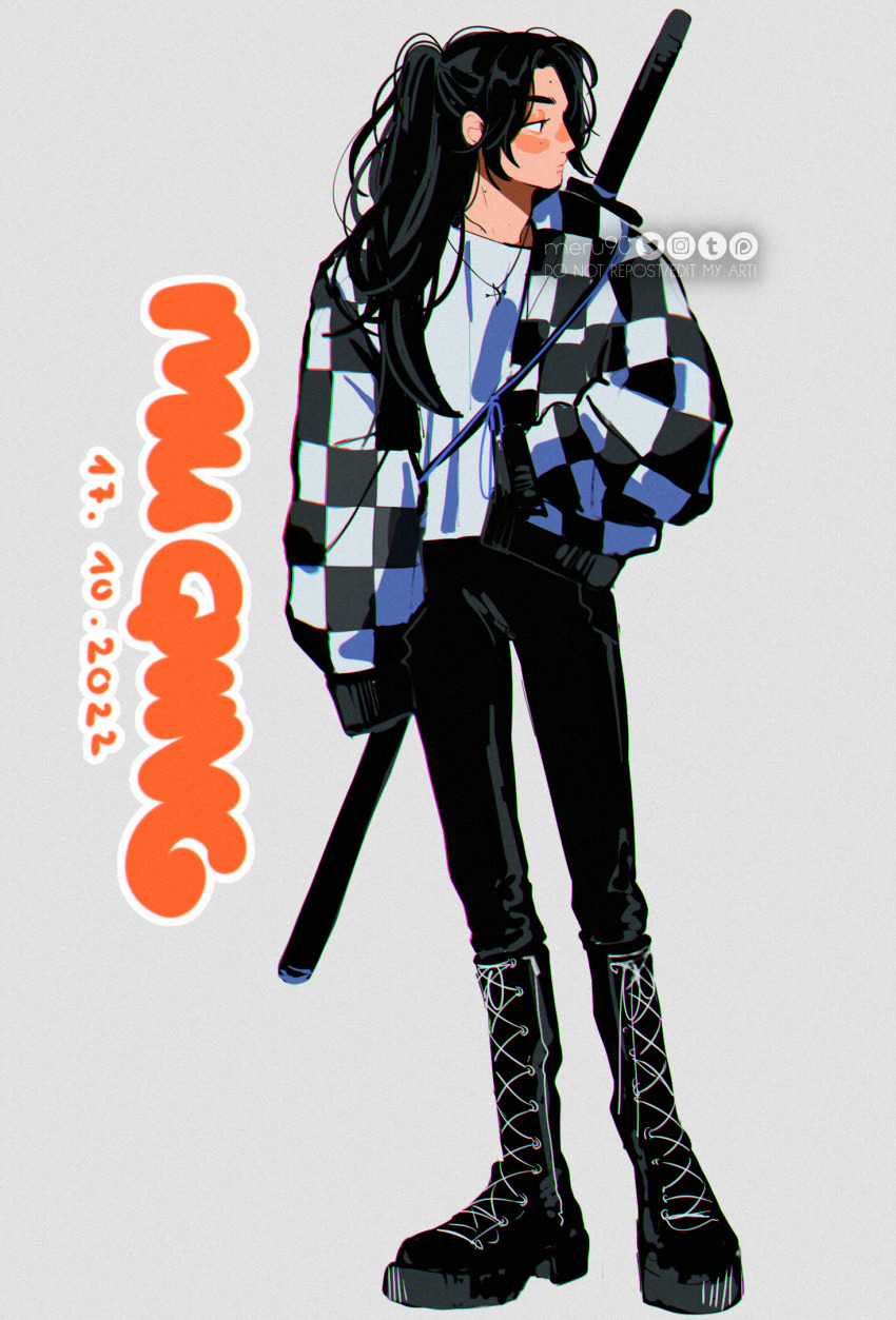 1boy, alternate_costume, alternate_universe, artist_name, black_boots, black_eyes, black_hair, black_jacket