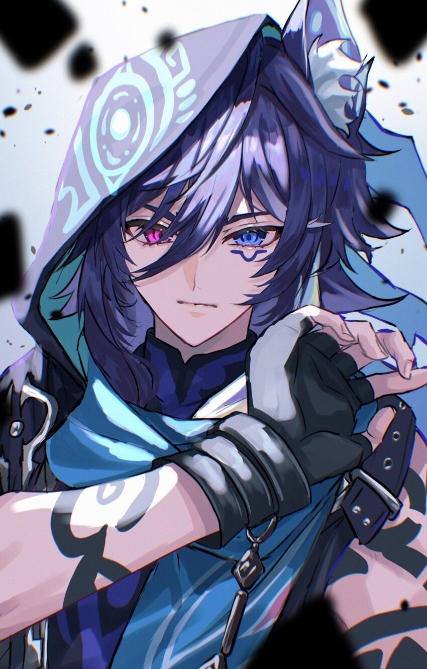 1boy, animal_ear_fluff, animal_ears, arm_up, belt, belt_buckle, black_belt, blue_hair