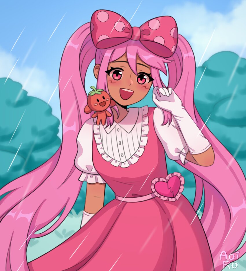 2girls, absurdres, aoiro_arts, artist_name, blush, bow, commission, dark-skinned_female, dark_skin, day, dress, elbow_gloves, gloves, hair_bow, highres, long_hair, multiple_girls, omori, open_mouth, outdoors, pink_bow, pink_dress, pink_eyes, pink_hair, polka_dot, polka_dot_bow, puffy_short_sleeves, puffy_sleeves, rain, short_sleeves, smile, sweetheart_(omori), teeth, tomatogirl_(omori), tree, twintails, upper_teeth_only, white_gloves