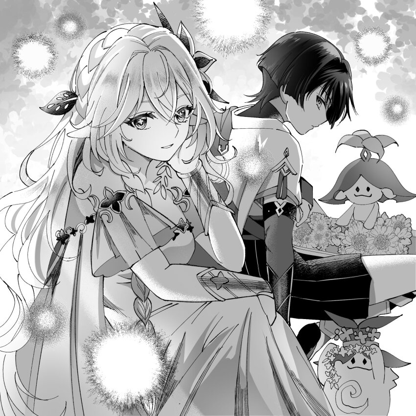 1boy, 1girl, adapted_costume, aged_up, aranara_(genshin_impact), arm_support, armor, blunt_ends