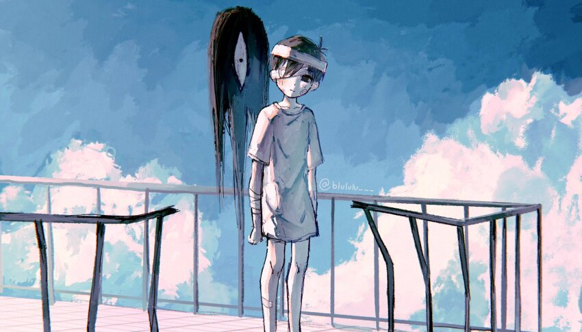 1boy, antenna_hair, bandaged_arm, bandaged_head, bandages, bandaid, bandaid_on_leg, black_eyes