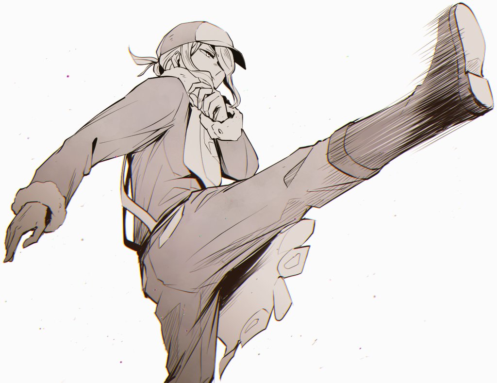 1boy, arm_up, boots, commentary_request, from_side, fur-trimmed_sleeves, fur_trim, ginkgo_guild_uniform, greyscale, gura_(rick_grick), hair_bun, hair_intakes, hair_over_one_eye, hat, high_kick, kicking, long_sleeves, looking_ahead, male_focus, monochrome, narrowed_eyes, nintendo, one_eye_covered, outstretched_leg, photo-referenced, pokemon, pokemon_legends:_arceus, simple_background, single_hair_bun, solo, standing, standing_on_one_leg, volo_(pokemon), white_background