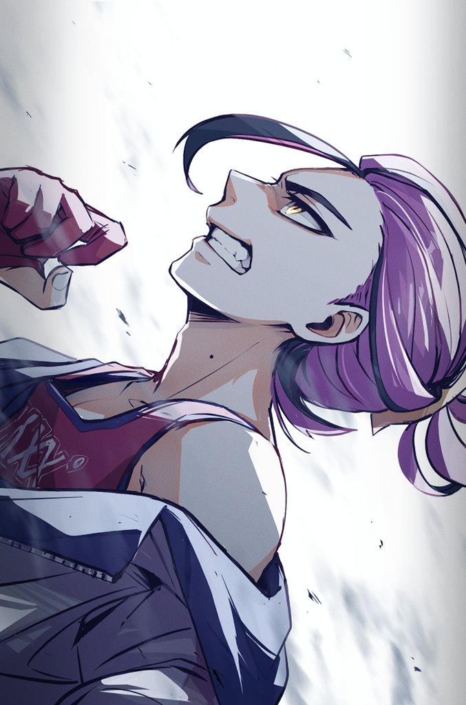 1boy, angry, arm_up, clenched_teeth, commentary_request, curled_fingers, gura_(rick_grick), hair_tie