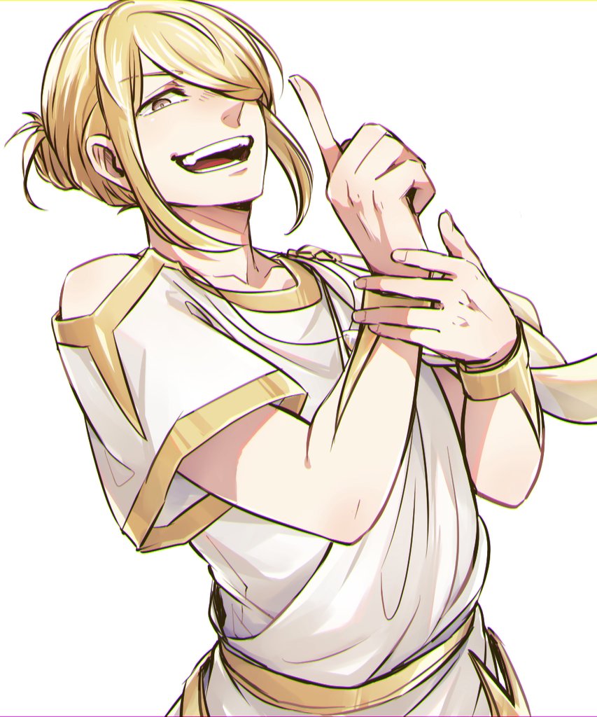 1boy, arm_up, bracer, collarbone, commentary_request, gold_trim, gura_(rick_grick), hair_bun