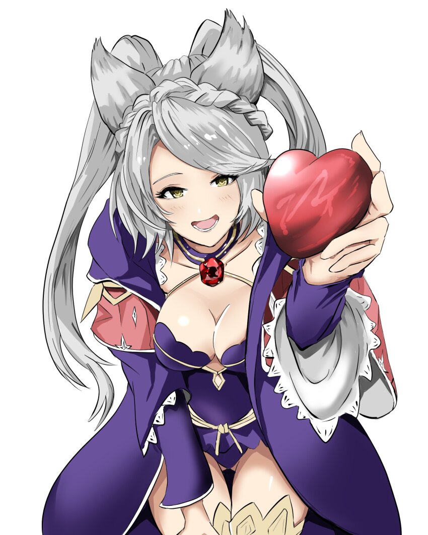 1girl, animal_ears, black_leotard, braid, braided_bangs, breasts, cleavage, collarbone, detached_pants, endakn3, erune, fraux, granblue_fantasy, grey_hair, heart, highres, hooded_robe, leotard, long_hair, looking_at_viewer, medium_breasts, open_clothes, open_mouth, open_robe, oversized_clothes, oversized_shirt, robe, shirt, simple_background, smile, solo, swept_bangs, thighhighs, twintails, white_background, yellow_eyes