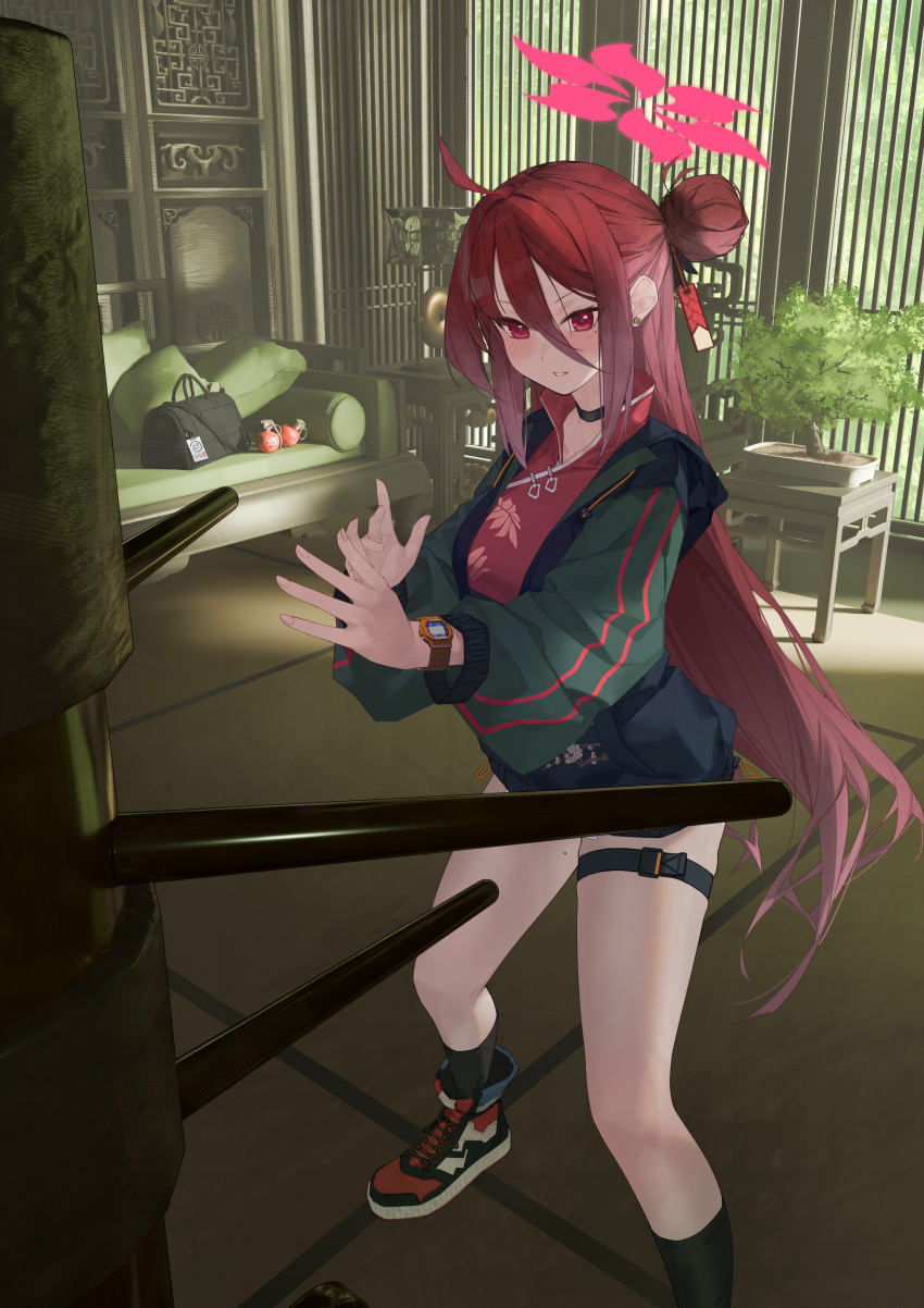 1girl, absurdres, architecture, blue_archive, china_dress, chinese_clothes, chinese_commentary, commentary_request