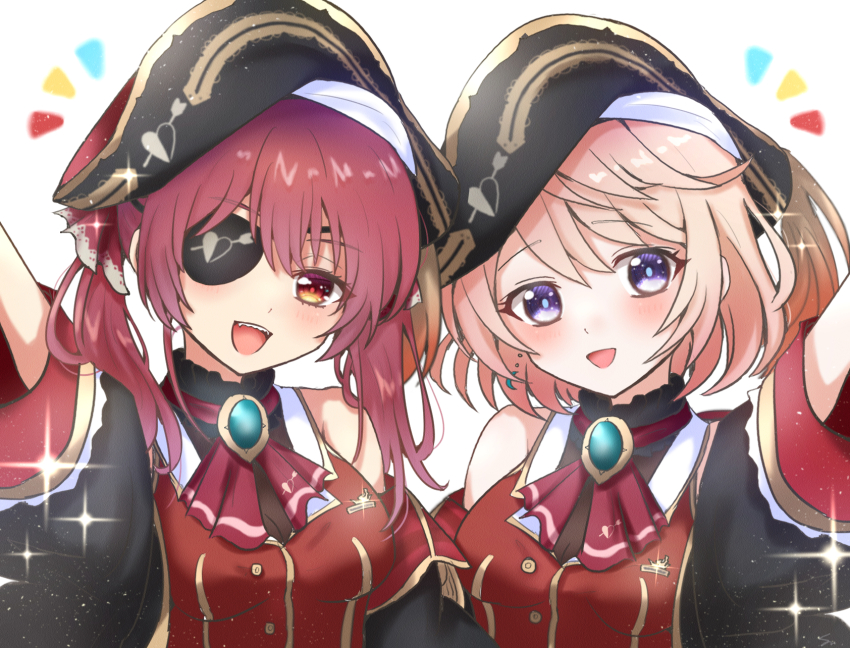 2girls, arrow_through_heart, ascot, bicorne, blonde_hair, breasts, cosplay, eleanor_(shironeko_project)