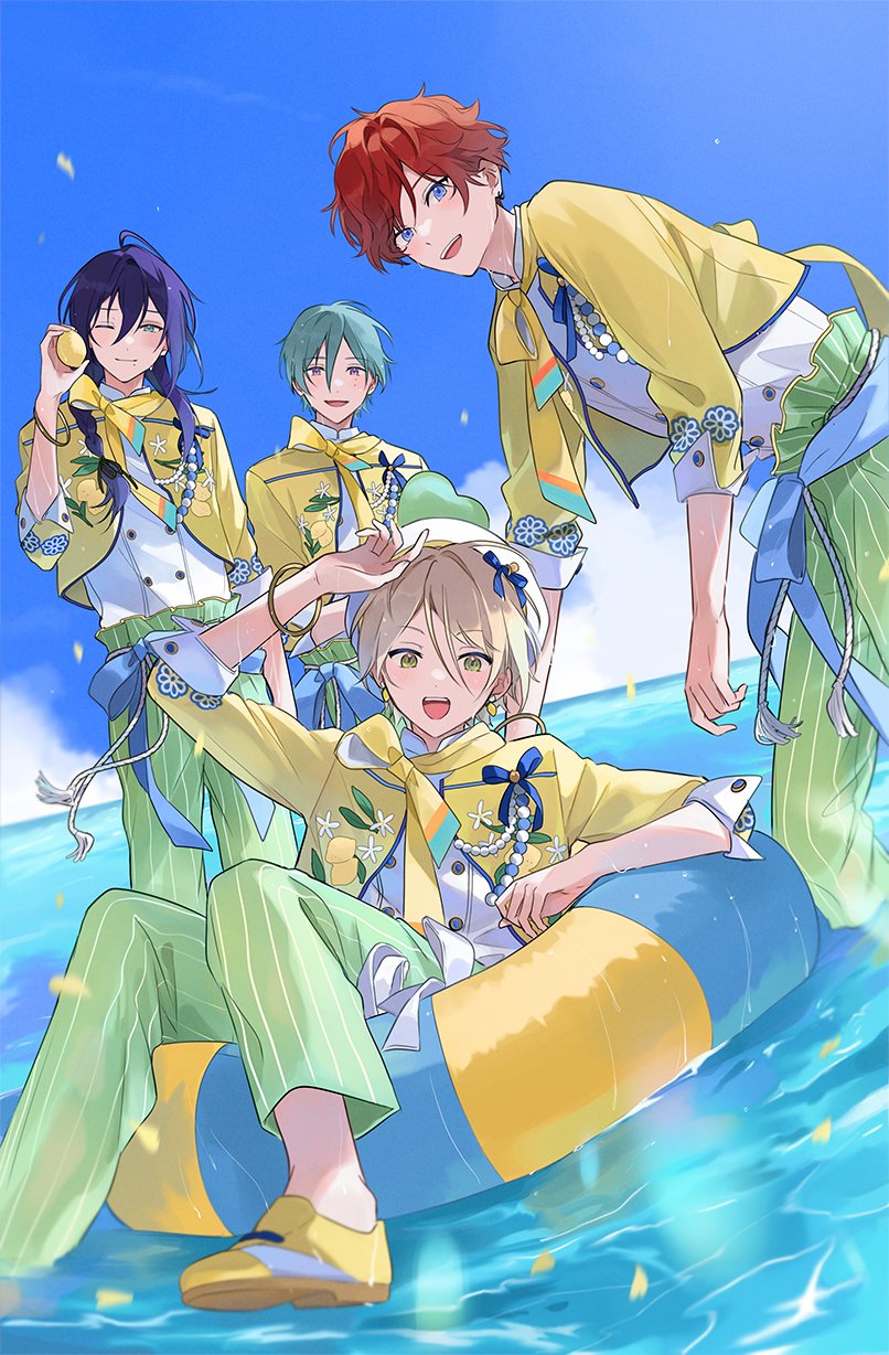 4boys, alkaloid_(ensemble_stars!), amagi_hiiro, aqua_hair, arm_rest, arm_up, ayase_mayoi, beret