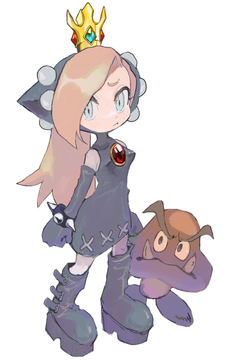 1girl, black_dress, black_footwear, black_gloves, blonde_hair, blue_eyes, boots, bracelet, clenched_hands, crown, dress, full_body, gloves, goomba, highres, hood, hooded_dress, jewelry, long_hair, looking_at_viewer, mario_(series), mario_power_tennis, mario_tennis, ni_(nimame629), nintendo, platform_boots, platform_footwear, pout, sleeveless, sleeveless_dress, slit_pupils, spiked_bracelet, spikes, tusks, warupeach, white_background, x_cutout