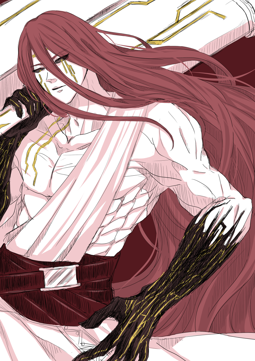 1boy, abs, belt, belt_buckle, black_gloves, black_sclera, brown_belt, buckle