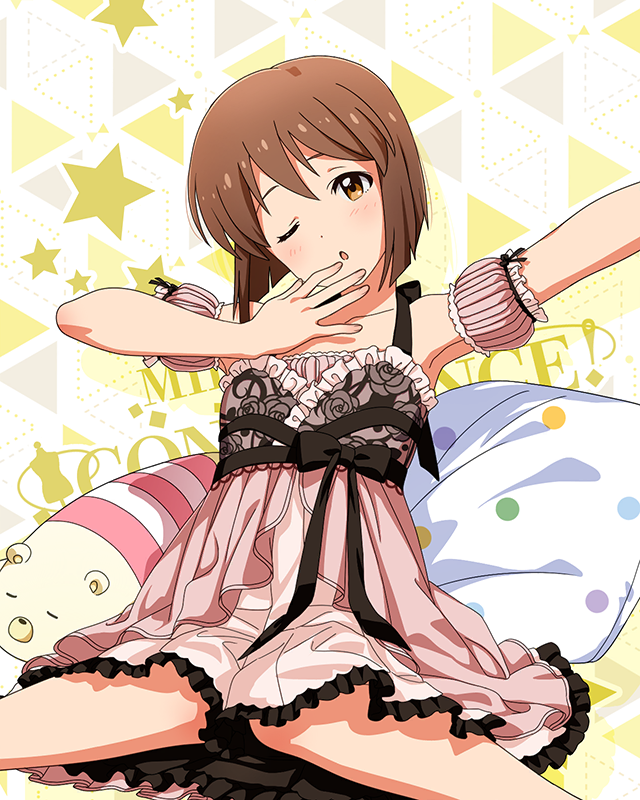 1girl, animal-shaped_pillow, armpits, bare_shoulders, blunt_ends, bracelet, breasts, brown_hair