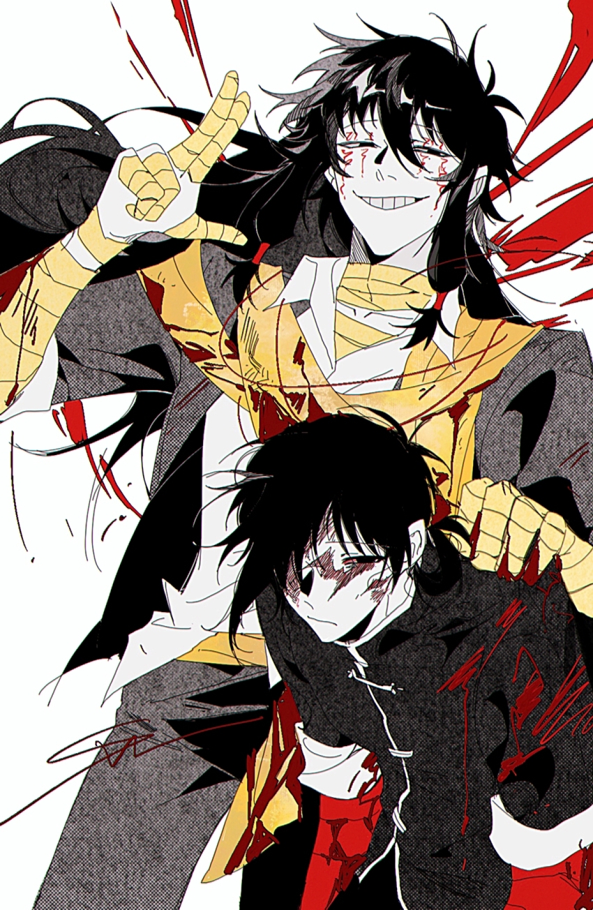 1boy, 1girl, bandaged_arm, bandaged_fingers, bandages, black_eyes, black_hair, black_jacket, black_pants, black_shirt, blood, blood_on_clothes, burn_scar, chinese_clothes, chinese_commentary, closed_mouth, collared_shirt, commentary_request, facepaint, grin, hair_rings, hand_on_another's_shoulder, highres, jacket, long_hair, open_clothes, open_jacket, pants, scar, scar_on_face, scarf, shirt, short_hair, single_hair_ring, sleeves_rolled_up, smile, switzer, touqi_guaitan, wangliang_(touqi_guaitan), white_shirt, yellow_scarf, ziche_fuzhao