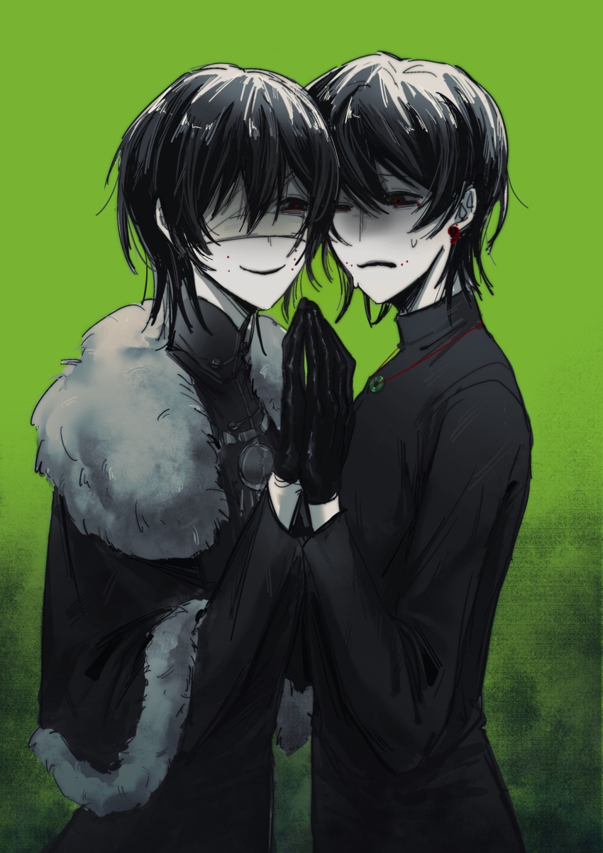 2boys, absurdres, bandage_over_one_eye, brothers, capelet, changmingsuo, chinese_commentary, commentary_request, earrings, facial_mark, fur-trimmed_capelet, fur_trim, gloves, gouzixingyan, green_background, greyscale_with_colored_background, highres, jewelry, long_sleeves, male_focus, mandarin_collar, multiple_boys, naihe_(male)_(touqi_guaitan), open_mouth, own_hands_together, red_pupils, short_hair, siblings, smile, spot_color, sweat, touqi_guaitan, turtleneck, upper_body, wu_song_(male)_(touqi_guaitan)