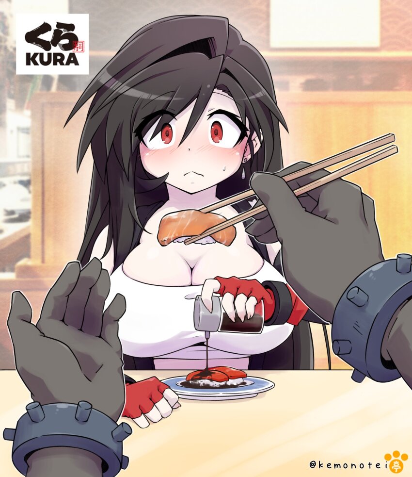 1boy, 1girl, bare_shoulders, black_hair, black_sleeves, blurry, blurry_background, blush, bracelet, breasts, brown_gloves, chaotic_dragon, chopsticks, cleavage, closed_mouth, cloud_strife, commentary, crop_top, detached_sleeves, earrings, feeding, final_fantasy, final_fantasy_vii, food, gloves, hair_between_eyes, highres, holding, holding_chopsticks, indoors, jewelry, kura_sushi, large_breasts, long_hair, looking_at_viewer, pov, pov_hands, red_eyes, red_gloves, single_earring, soy_sauce, sushi, suspenders, sweatdrop, table, tank_top, tifa_lockhart, twitter_username, upper_body, white_tank_top