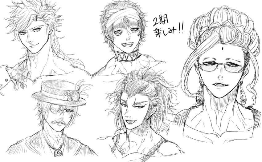 5boys, arm_tattoo, bandana, big_eyebrows, bindi, buddha_(shuumatsu_no_valkyrie), bushy_eyebrows, chest_tattoo