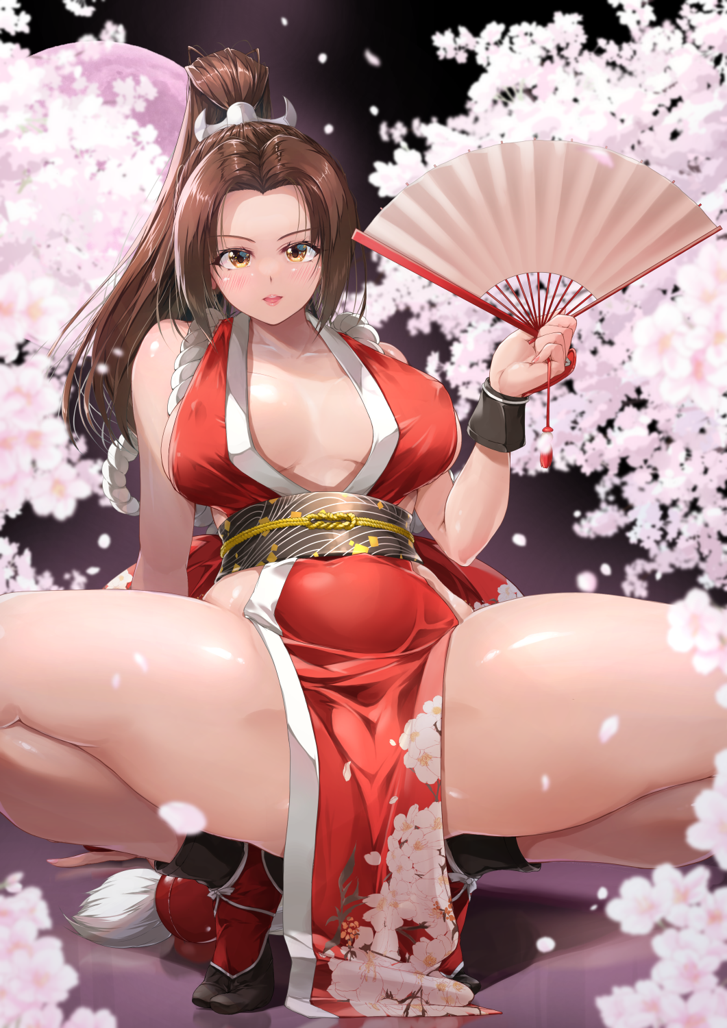 1girl, black_socks, black_wrist_cuffs, breasts, brown_eyes, brown_hair, cherry_blossoms, collarbone