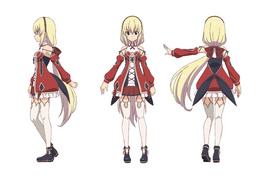 1girl, armpits, black_footwear, blonde_hair, blue_eyes, reference_sheet, detached_sleeves, grimms_notes, grimms_notes_the_animation, kawashima_hisashi, multiple_views, official_art, outstretched_arm, reina_(grimms_notes), serious, simple_background, white_background