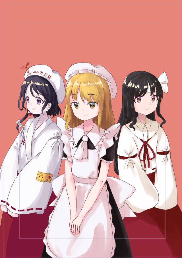 3girls, apron, ascot, beret, black_dress, black_hair, blonde_hair, breasts, brown_eyes, cleaning_maid_(touhou), closed_mouth, dress, earrings, girl_who_trained_on_mt._haku_(touhou), hair_ribbon, hakama, hakama_skirt, hat, headband, japanese_clothes, jewelry, kariginu, kimono, long_hair, long_sleeves, medium_breasts, medium_hair, mob_cap, moonlight's_anti-soul_(touhou), multiple_girls, neck_ribbon, nostalgiclock, ofuda, ofuda_on_clothes, pink_background, portrait_of_exotic_girls, puffy_short_sleeves, puffy_sleeves, purple_eyes, red_hakama, red_ribbon, red_skirt, ribbon, ribbon-trimmed_skirt, ribbon-trimmed_sleeves, ribbon_trim, short_sleeves, side_ponytail, single_earring, skirt, smile, textless_version, touhou, trigram, very_long_hair, white_apron, white_ascot, white_hat, white_headband, white_kimono, white_ribbon, yellow_eyes, yin_yang, yin_yang_earrings