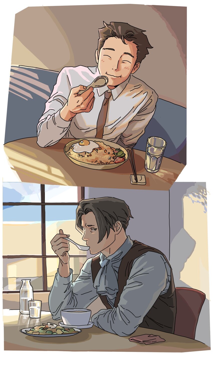 absurdres, ace_attorney, ascot, blush, bottle, bowl, breakfast, brown_hair